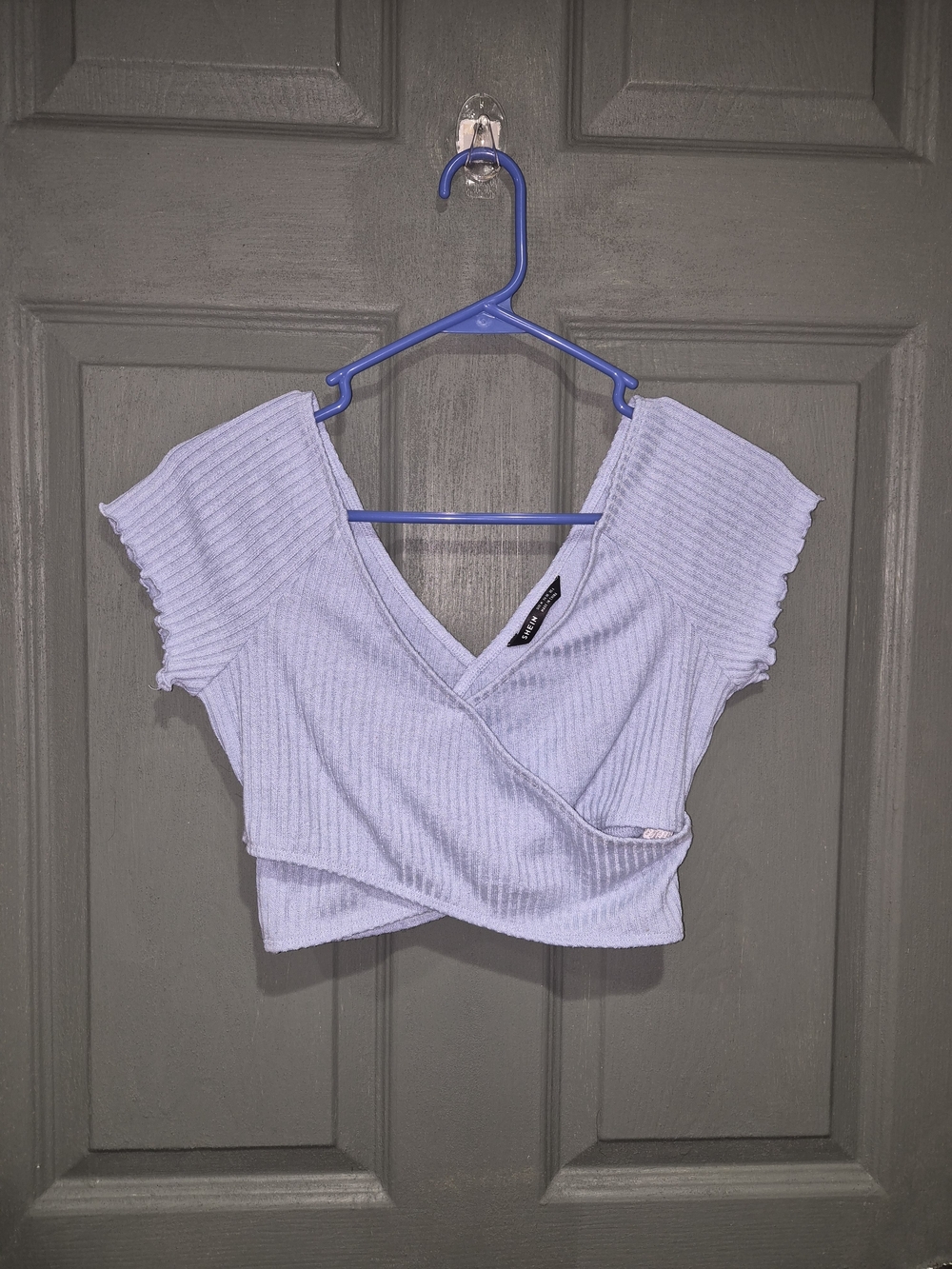 SHEIN Baby Blue Ribbed Wrap Crop Top